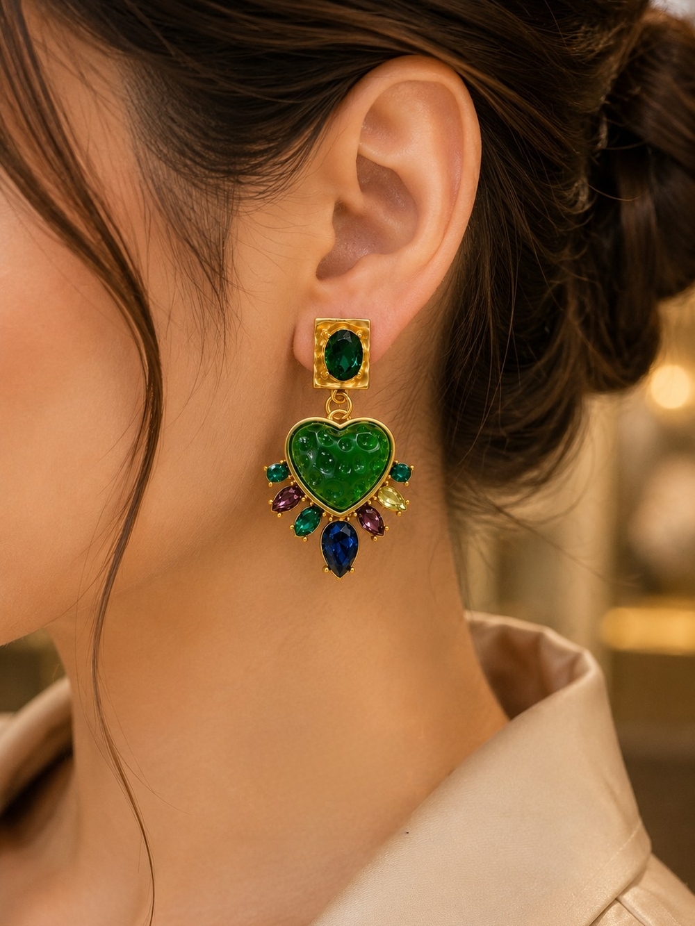 Elegant Gold-Plated Green Heart Drop Earrings - Women Jewelry